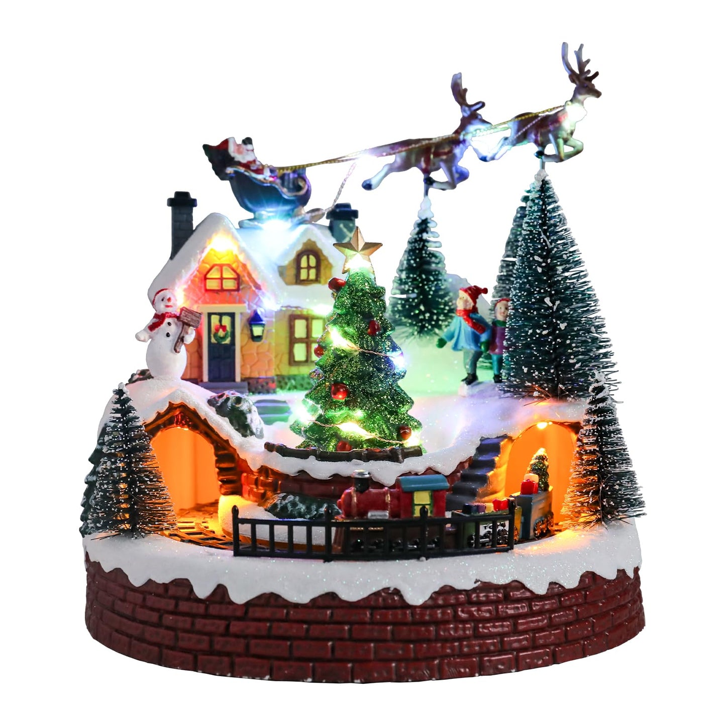 Vipush Christmas Village House Decorations Resin Train Set with Flying Santa Home Decor Indoor Building Figurines Revolving Train with LED Light and 8 Christmas Music for Kids