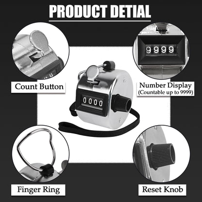 GDMINLO Metal Hand Tally Clicker Counter, 4-Digit Number Count Clicker with Metal Case Mechanical Counter for Coaching, Knitting, Lap, Fishing, Golf and Row with 2-Nylon Lanyard,Silver