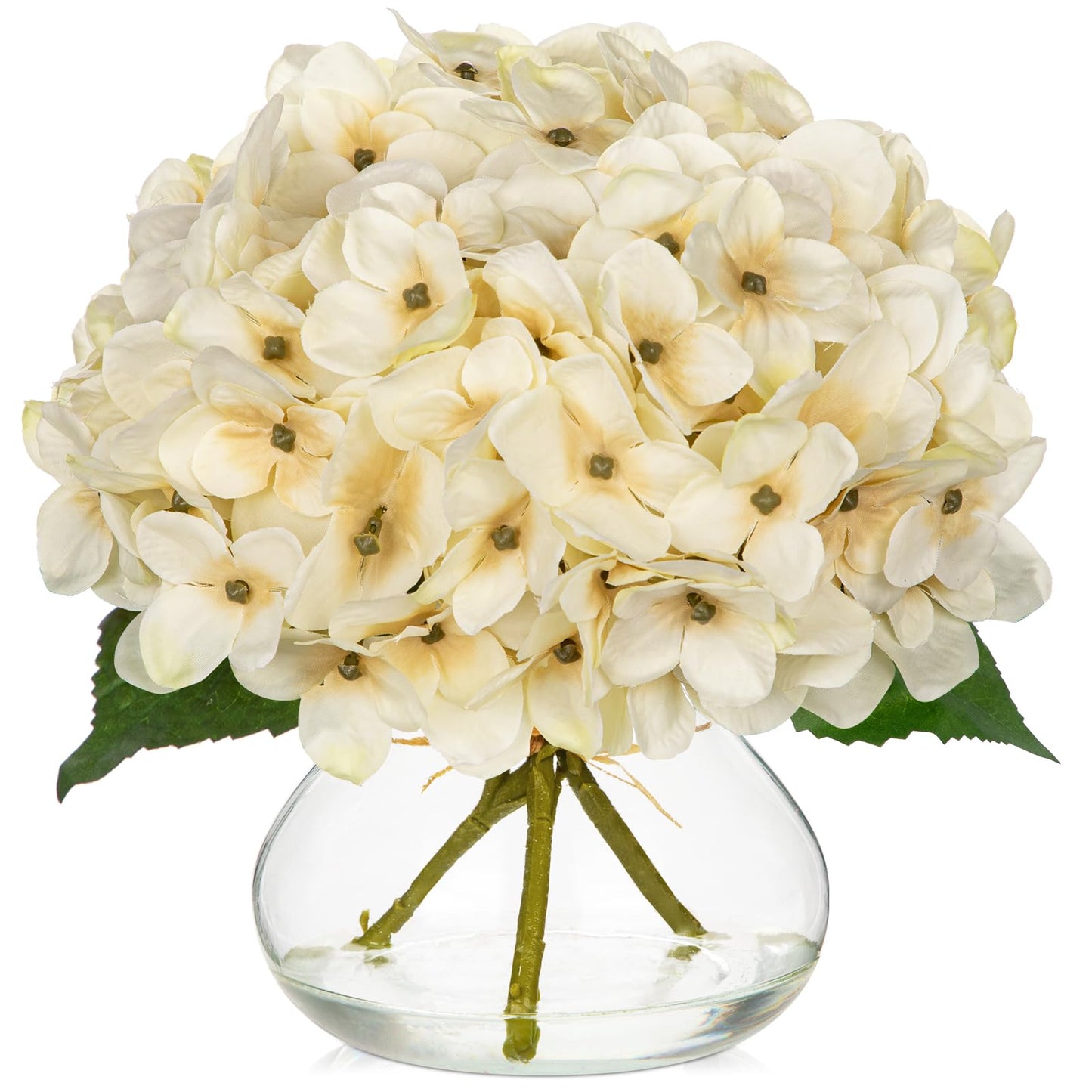 Hollyone Fall Hydrangea Artificial Flowers for Decoration with Glass Vase White Silk Fake Flower Arrangements with Faux Water Autumn Table Centerpiece Vase with Flowers Fall Decorations for Home