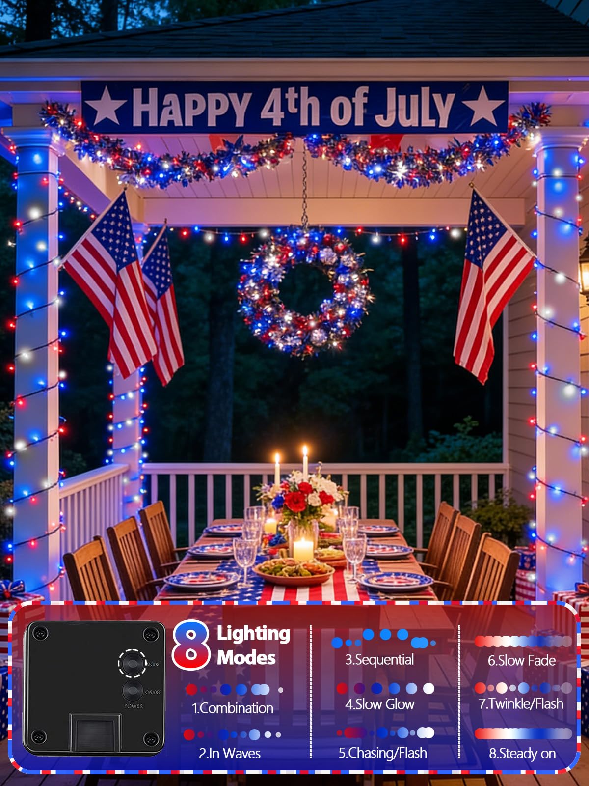 2 Pack 200 LED Red White and Blue Solar String Lights Outdoor Waterproof, Solar Powered LED Patriotic Lights, Solar Tree Lights for Independence Day 4th of July Memorial Day 250th Anniversary Decor