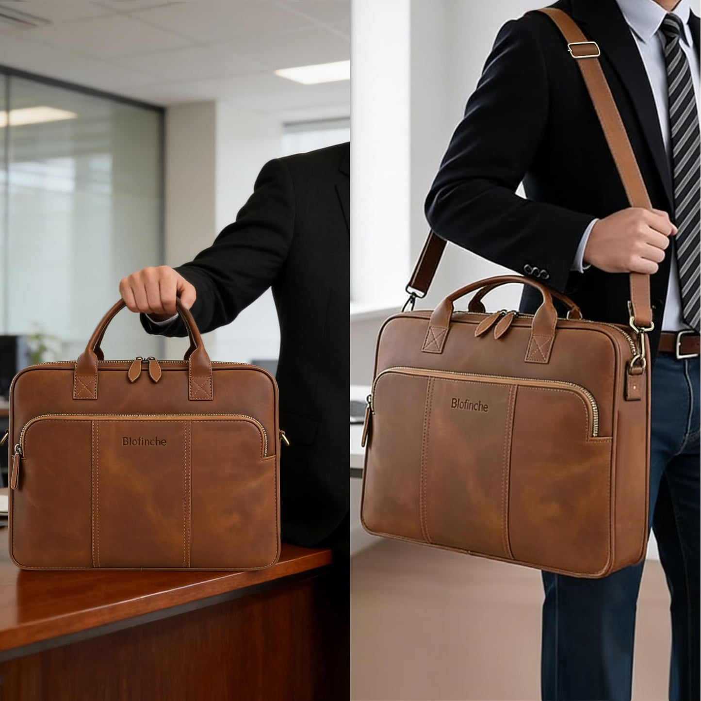 Blofinche Genuine Leather laptop briefcase 15.6 inch Computer Messenger shouledr work handbag Satchel bags Brown