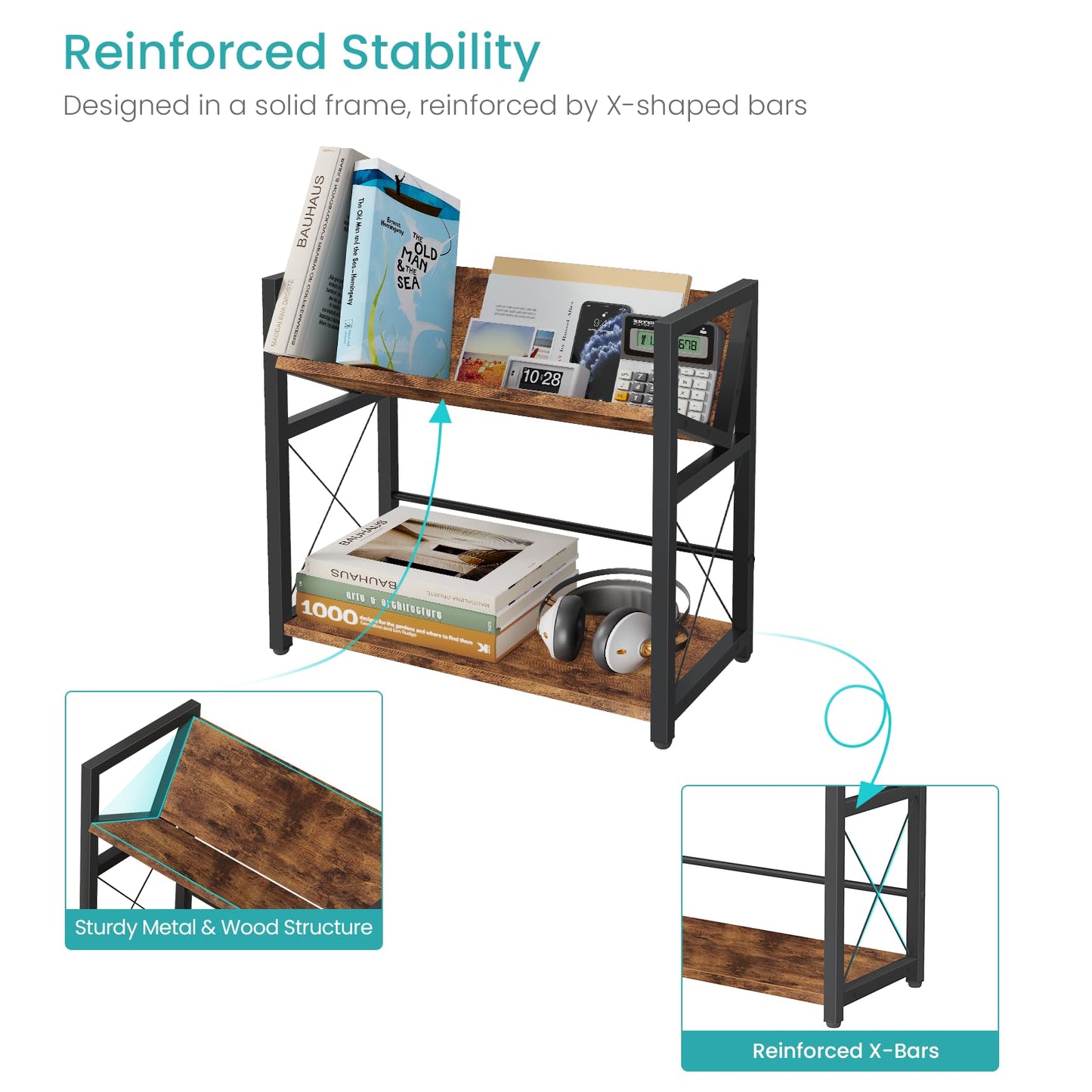 ELITEROO Desktop Bookshelf, 2 Tier Desk Shelf Organizer, Wooden Tabletop Bookcase, Small Desk Top Book Rack for Office, Home, Bedroom, Small Space Storage and Display, Rustic Brown