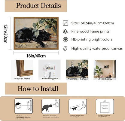 Framed Black Cat Canvas Wall Art, Vintage Sleeping Cat with Plant Picture Wall Decor Paintings, Cute Animal Poster Prints Rustic Aesthetic Home Decor for Living room Bedroom Bathroom 16x24 inch
