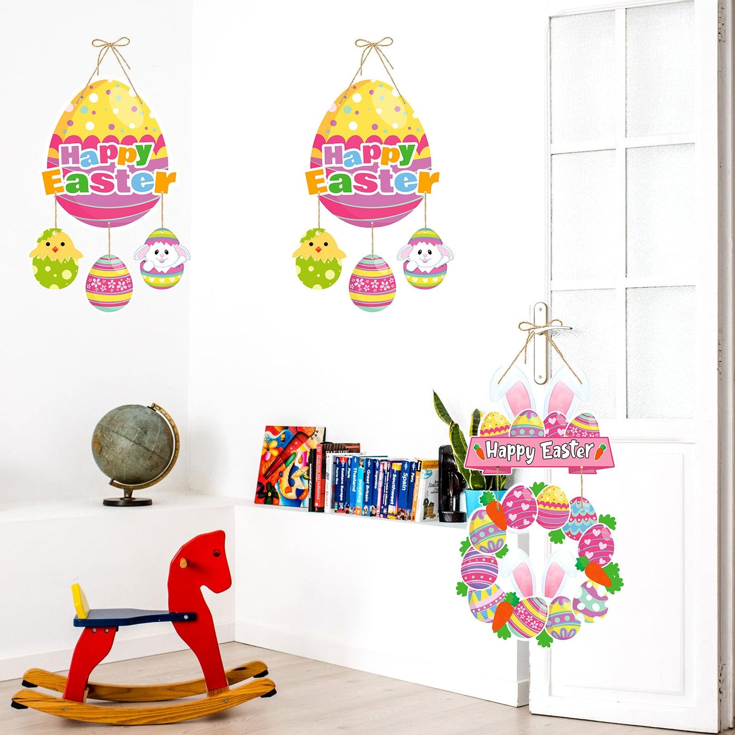Easter Egg-Bunny Home Front-Door Hanger-Decor - 4pcs Pastel Rainbow Birthday Paper Signs Banners, Happy Easter Spring Wall Hanging Indoor Decorations Lasting Surprise