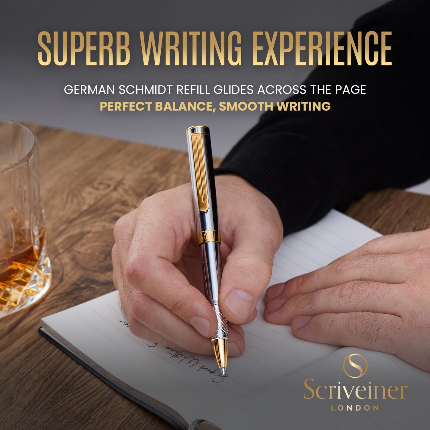 Scriveiner Silver Chrome Rollerball - Award-Winning Heavy Pocket Stunning Luxury Pen, Real Gold Finish, German Schmidt Refill, Best EDC Writing Gift Set for Men & Women, Fancy Designer EDC Roller ball