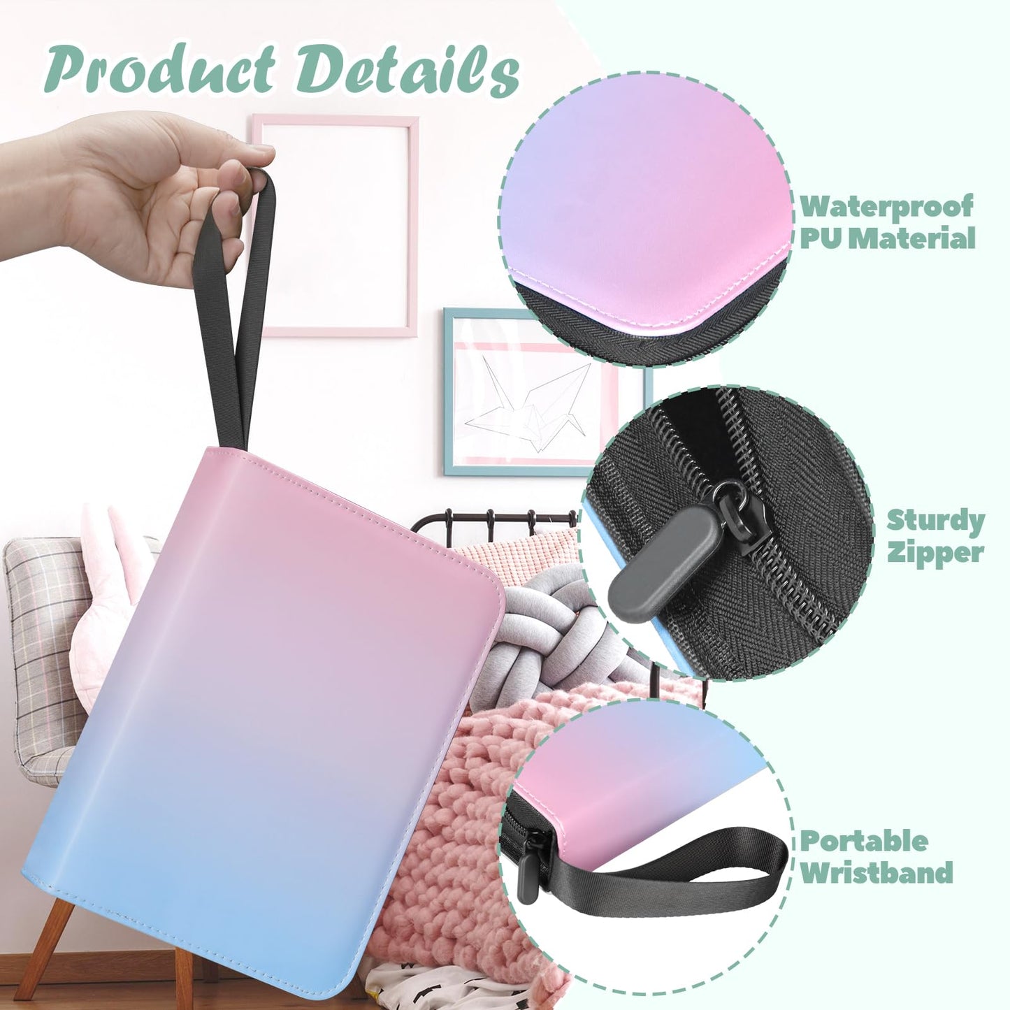 Card Binder 4 Pocket, 400 Pockets Card Holder Compatible with Game Cards Gift for Girls, Trading Card Binder Album Case Book Storage For Photocards, Small,Pink