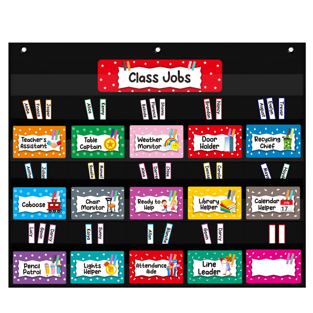 Classroom Jobs Pocket Chart for Teachers – 70 Dry Erase Cards, 24.5"x21.8" – Classroom Management Bulletin Board Set for Job Chart, Daily Routines, Helper Display – Reusable & Easy to Hang,Management Tool for Preschool to Elementary