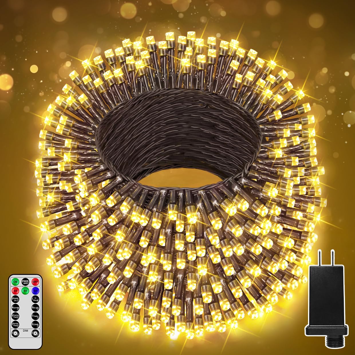 Ccinny 197FT 600 LED Christmas Lights Outdoor, Warm White Christmas Tree Lights Plug in, 8 Modes Twinkle String Light for Bedroom Wedding Party Ceiling Xmas Home Decorations