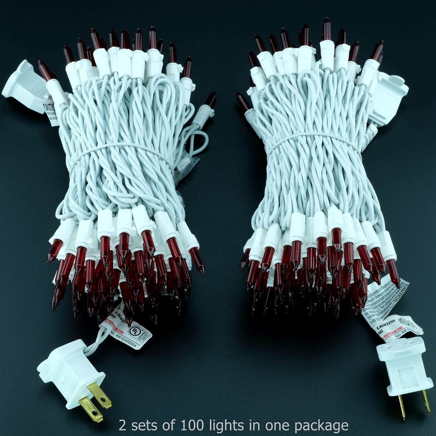 YULETIME 200 Red Christmas String Lights, 2-Set 33 ft 100 ct White Wire