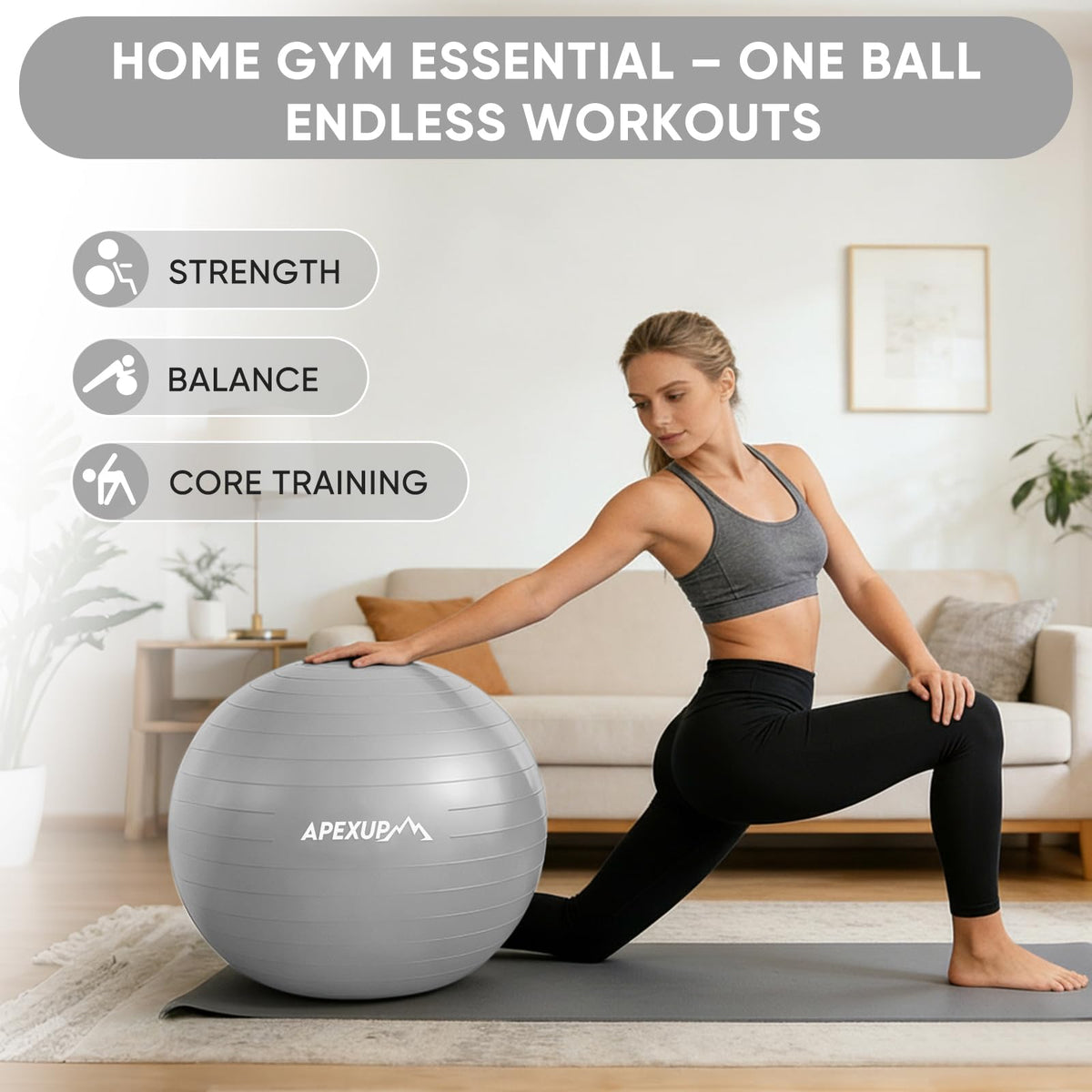 APEXUP Yoga Ball, 660 lbs Anti-Burst Exercise Ball with Pump, 5 Sizes (S (15"~18") 45cm, Silver)