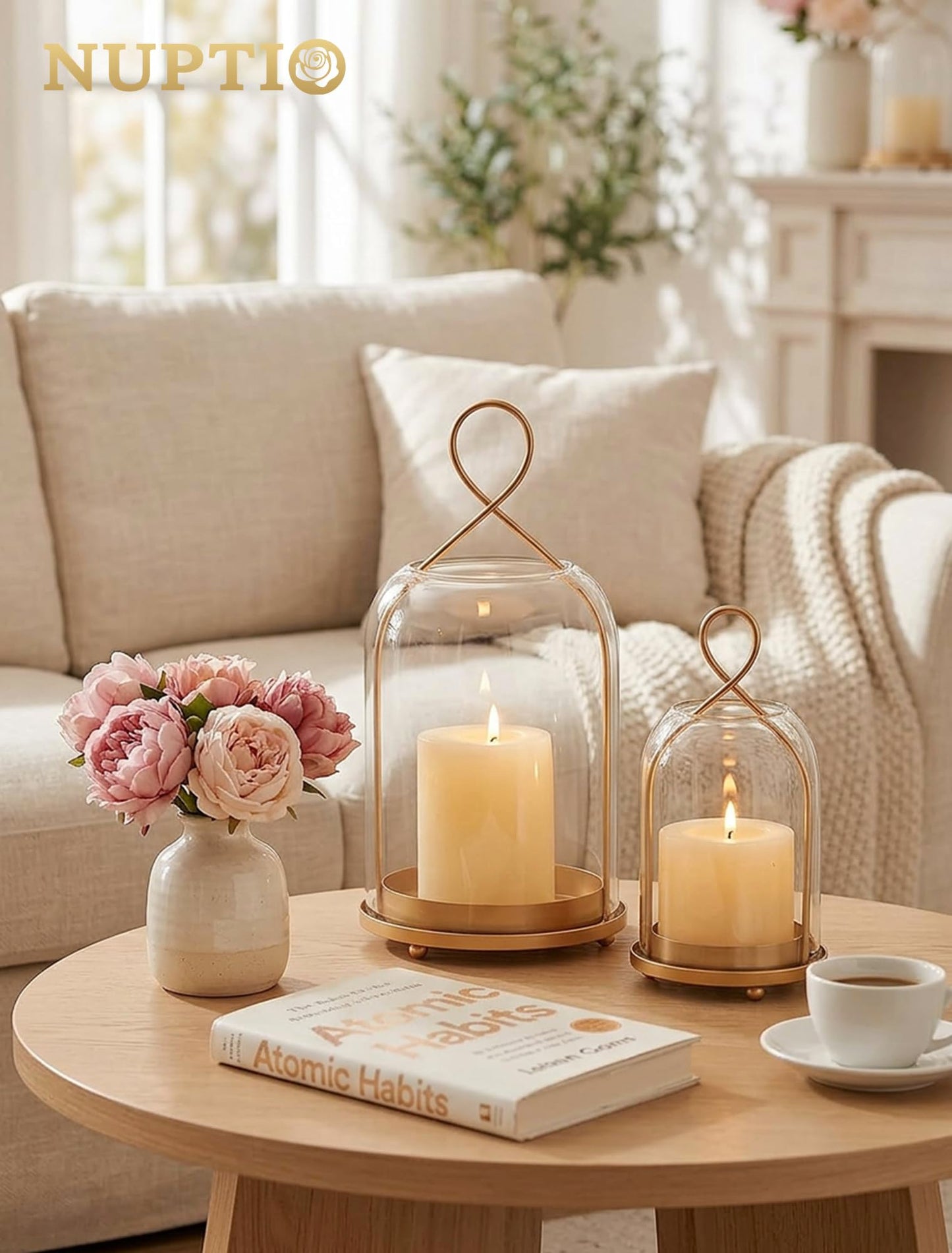 NUPTIO Glass Lanterns Decorative Outdoor: Gold Hurricane Candle Holders for Pillar Candles - Set of 2 Hanging Lantern for Home Thanksgiving Christmas Party Centerpiece