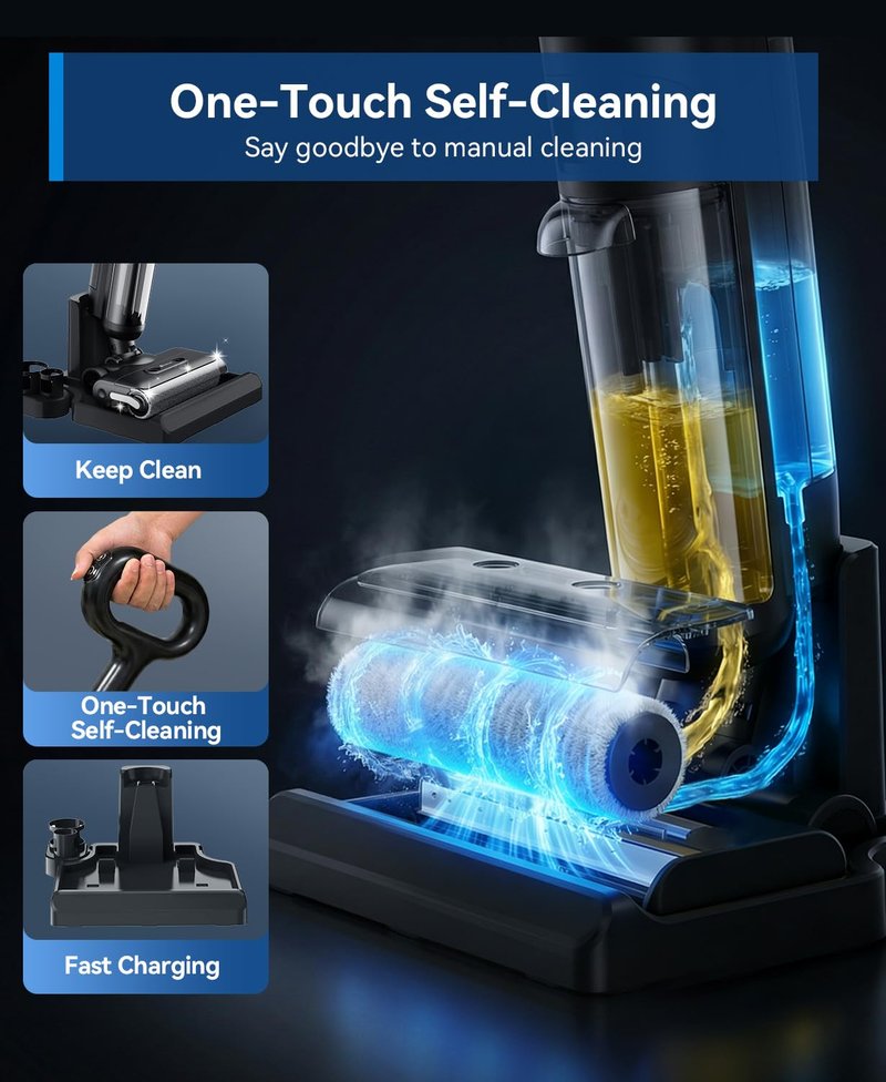 Redroad Wet Dry Vacuum Cleaner,22KPa Wet Dry Vacuum Mop with Self-Cleaning,Cordless Vacuum Mop All in One,Up to 75 Mins Runtime,One-Step Self Cleaning,Anti-Tangle Design,SmoothDrive Tech,Lightweight