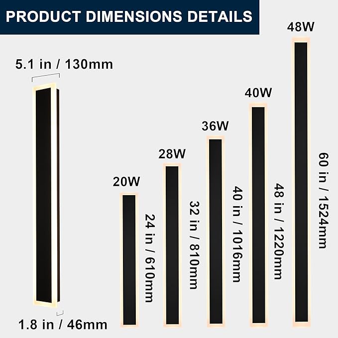 MELUCEE Long Outdoor Wall Lights Exterior 2 Pack 24in Dimmable LED Wall Lights Linear Outdoor Wall Sconce IP65 Waterproof, LED Linear Exterior Lights for Patio Garden Garage Front Door, 3000K-6000K
