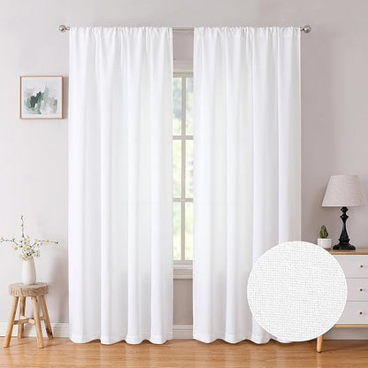 Tollpiz Linen Curtain Bedroom Rod Pocket Semi Sheer Curtains Burlap Light Filtering Thick Linen Drape for Living Room, 38 x 84 inches Long, White, Set of 2 Panels