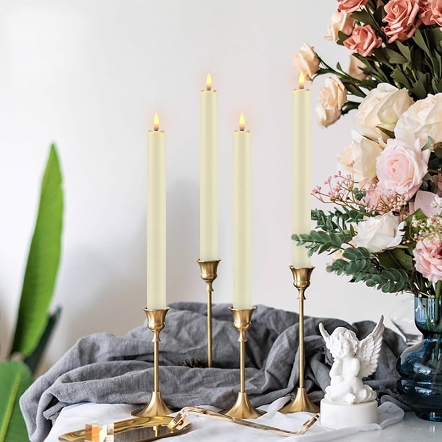 YOROXRG 24 Pack LED Flameless Taper Candles with Timer, Dripless Fake Candlesticks with 3D Flickering Flame, 9.6 Inches White Window Candle for Fireplace Christmas Halloween（Ivory）