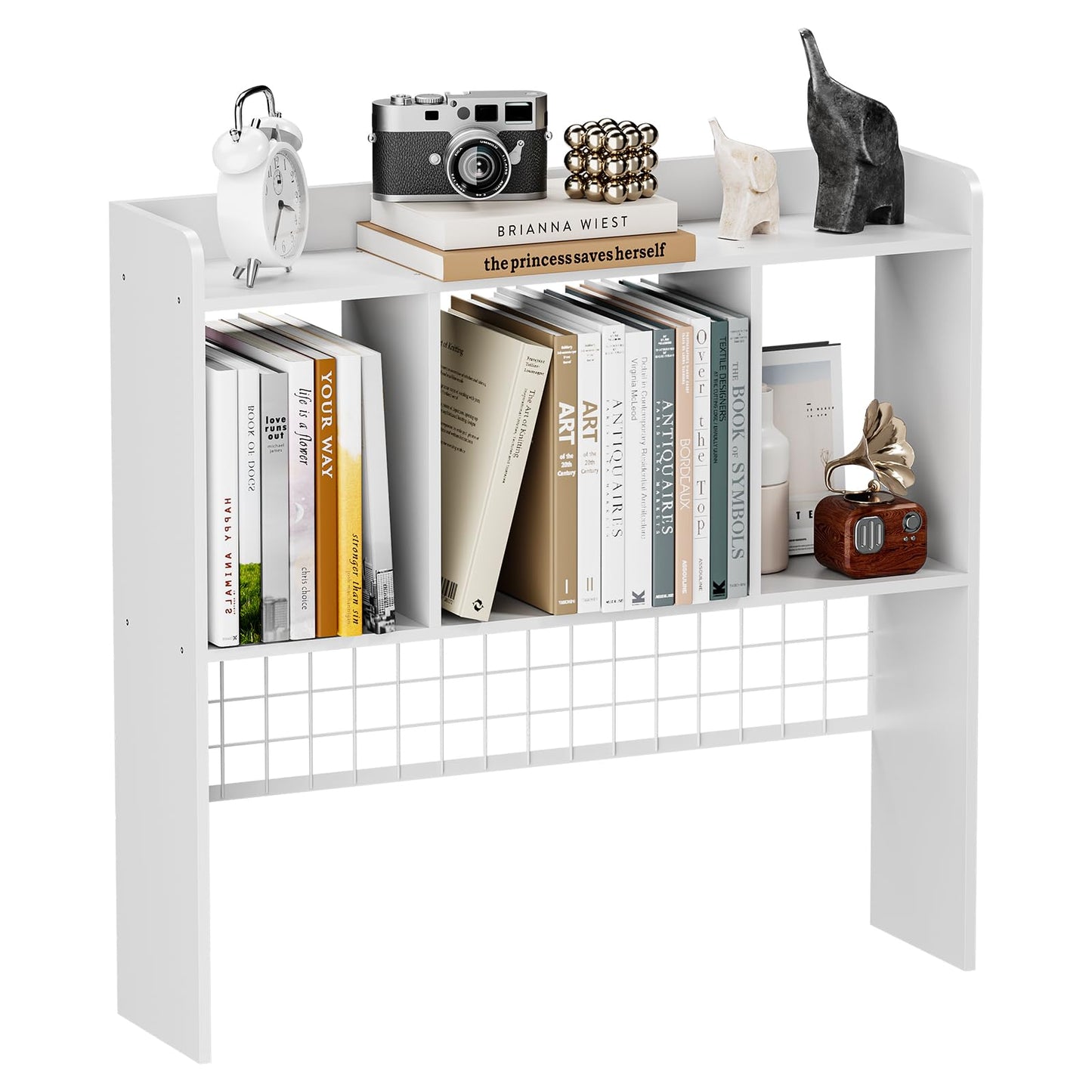 FNBAR Desktop Bookshelf,Countertop Storage Hutch with 3 Shelves for Computer Desk，2-Tier Display Rack with Grid Panel, Multipurpose Wood Desk Hutch Storage Organizer for Home Office Dorm (White)