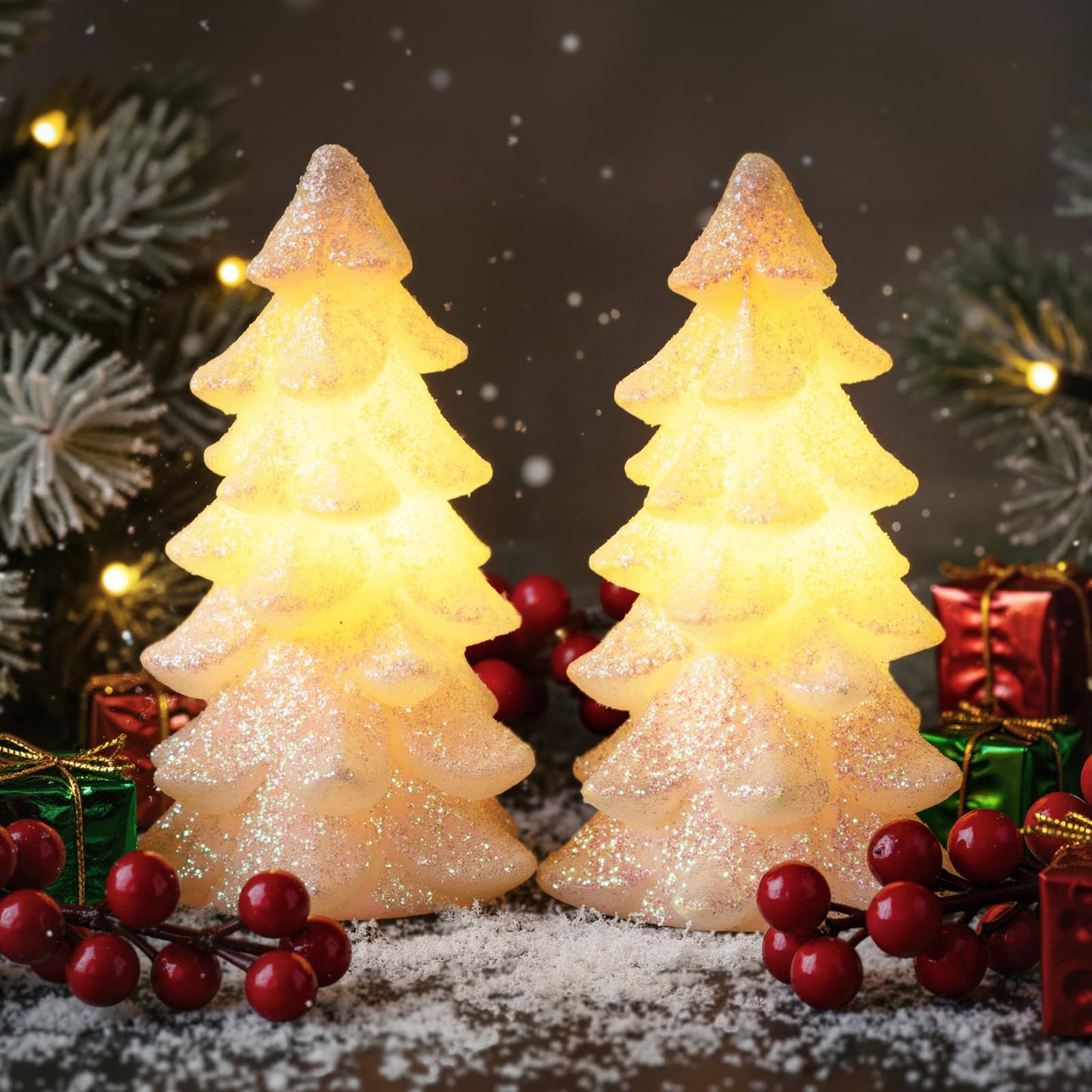 Glooglitter 2 Pcs 5.5" White Christmas Tree Flameless Candles Glittering Real Wax Flickering Battery Operated LED Handmade Carved Candles for Xmas Party Decoration Gifts
