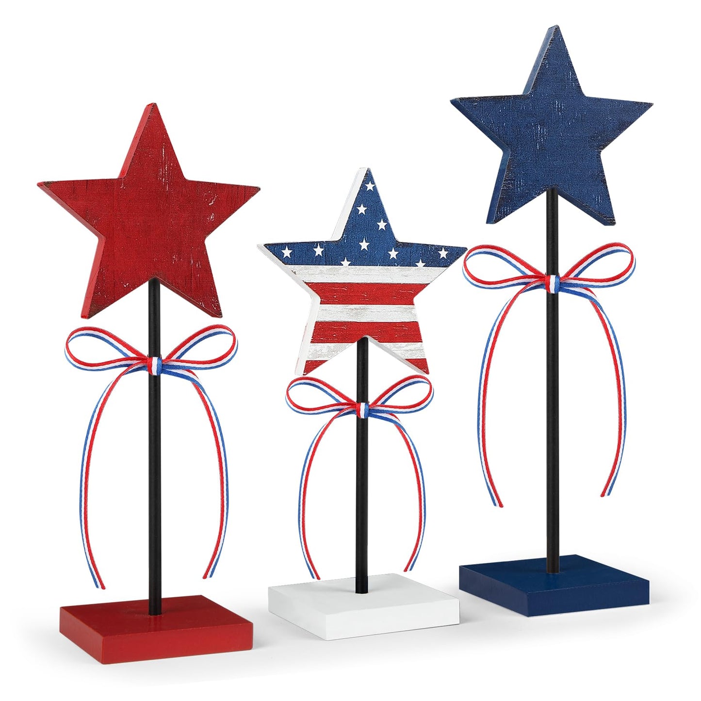 4th of July Tiered Tray Decor Wooden Star Set, 3 Pcs Memorial Day Table Decorations, Rustic Patriotic Tabletop Home Decor, Red White and Blue Decorations for Home (Retro)