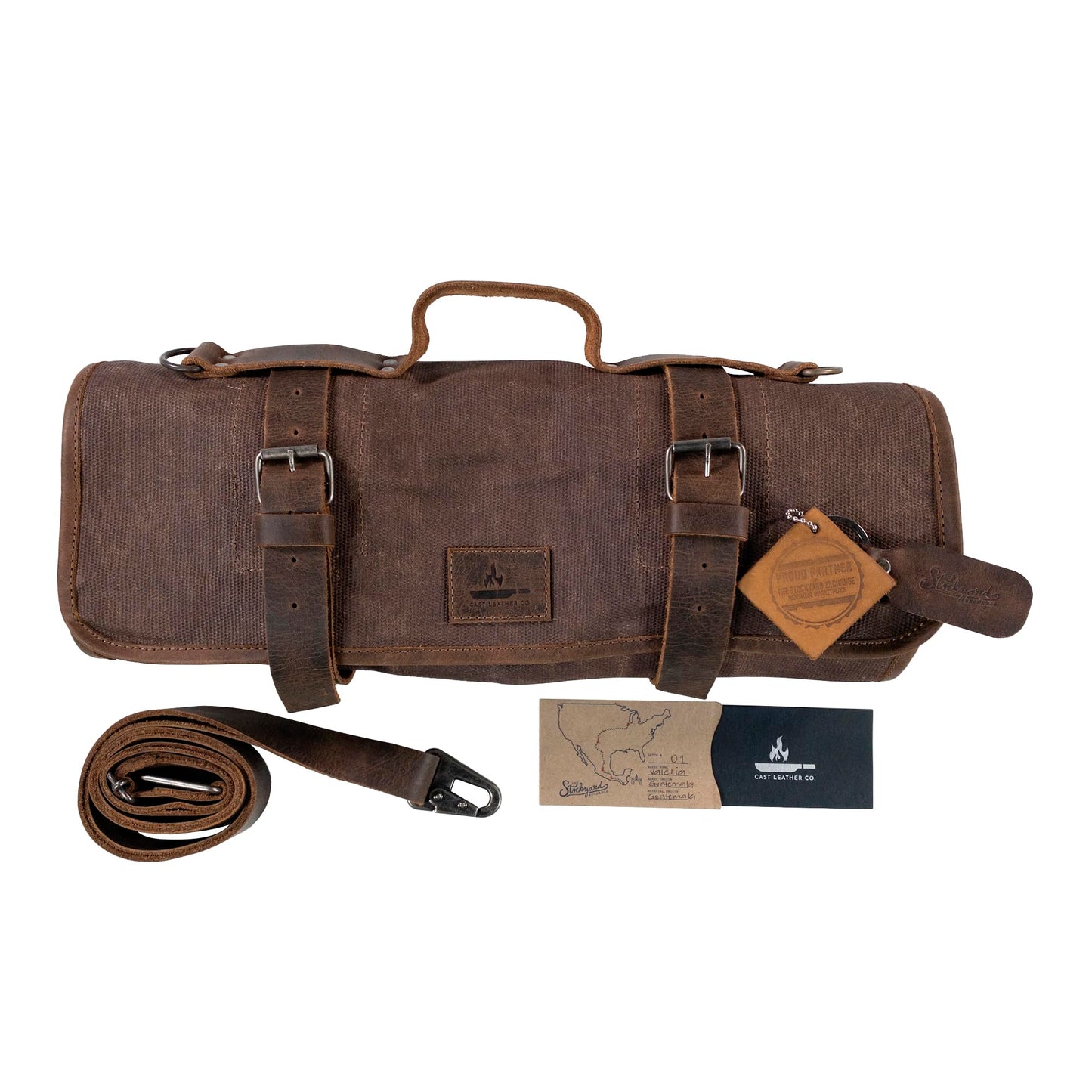 Cast Leather Co., Knife Roll with 8 Pockets, Portable Knife Organizer, Cooking Accessories, Travel Bag, Waxed Canvas, Handmade, Honey Bourbon