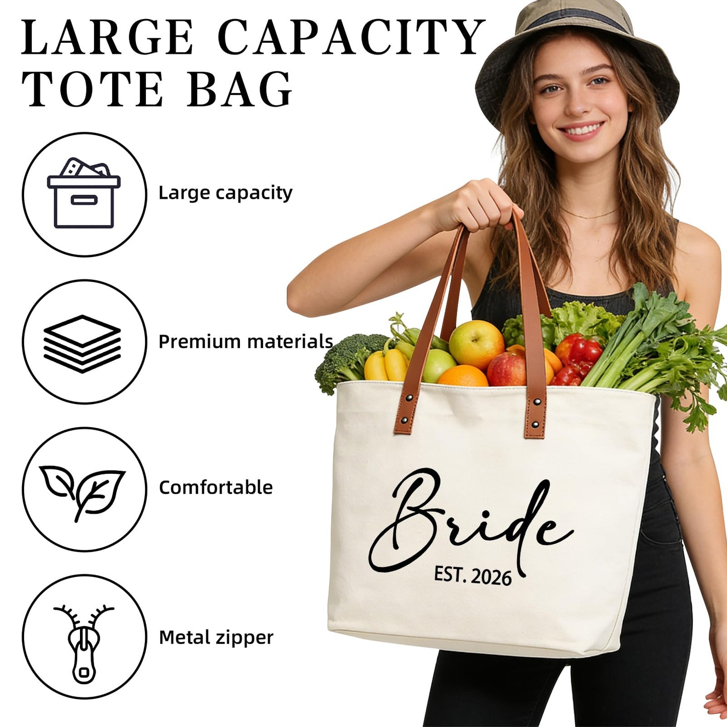 Tmsek Bride Canvas Tote Est 2026 Bridal Shower Wedding Bachelorette Party Gifts for Bride to Be, Bridal Gift Bag