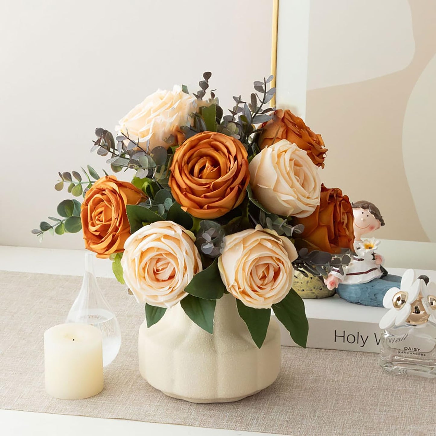 NAWEIDA Silk Roses Artificial Flowers in Vase,Fake Flowers with Vase,Faux Flower Arrangement with Vase for Home Office Decoration, Dining Table Centerpiece