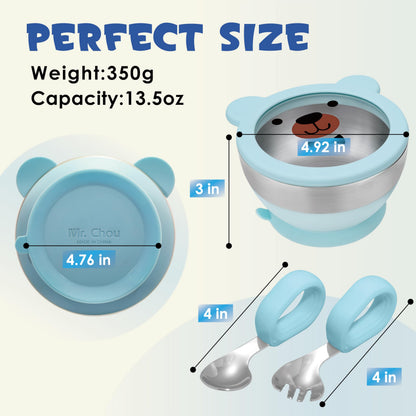 MR. CHOU Suction Baby Bowl Set with Spoon & Fork, Double-Wall 18/8 Stainless Steel Toddler Bowls with BPA Free Airtight Lids, Food Grade Infant Self-Feeding Bowl, First Stage Led Weaning Supplies Blue