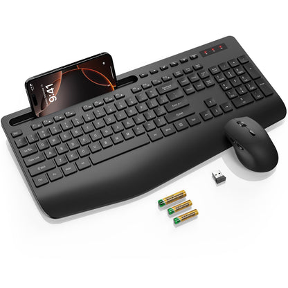 Wireless Keyboard and Mouse Combo, 2.4G Lag-Free Keyboard Set with Ergonomic Wrist Rest, Phone Holder, Silent Keyboard Cordless Set for Computer, Batteries Included, Laptop, PC, Mac, Windows -SABLUTE