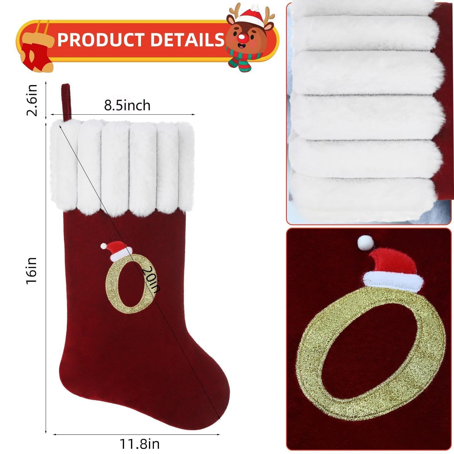 Yehnois 20 Inch Personalized Christmas Stocking,Red Velvet with Embroidered Initial,Holiday Xmas Party Decor Letter M