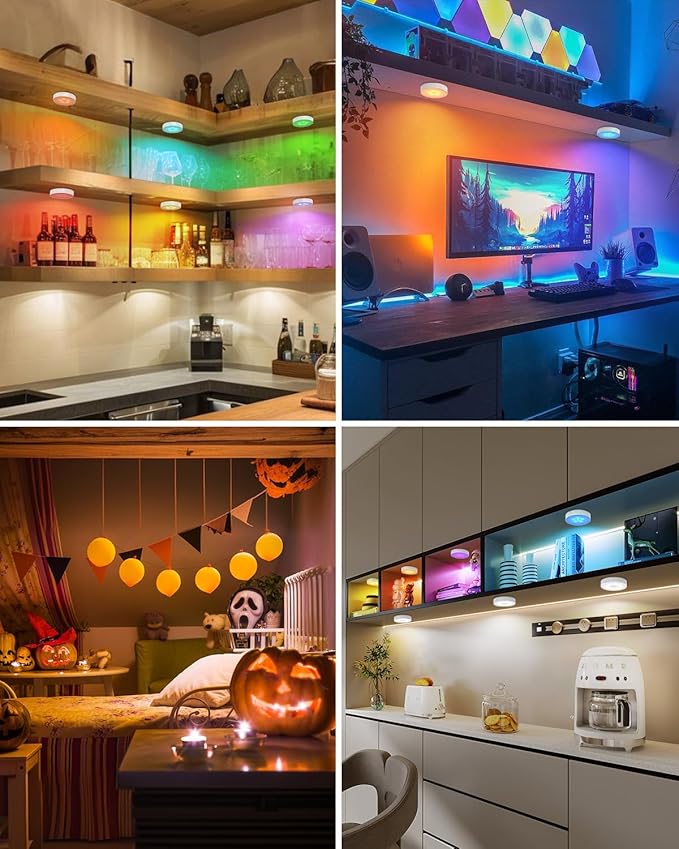 6-Pack RGB Rechargeable Puck Lights with Remote, 13 Color Motion Sensor Puck Lights, Magnetic Stick on Light, Dimmable Under Cabinet Lights for Shelf, Bedroom, Kitchen