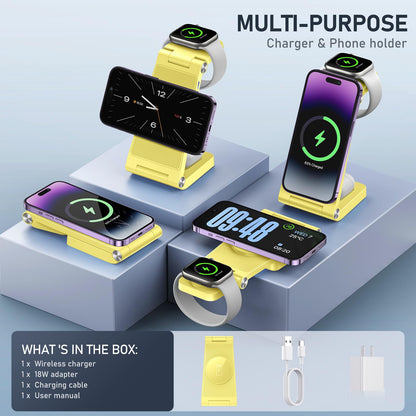 Magnetic Wireless Charger Stand, 3 in 1 Foldable Wireless Charging Station with 20W Adapter, Travel Charger for Multiple Devices for iPhone 17 16 15 14 13 12 Pro/Max/Plus/Mini, iWatch, AirPods