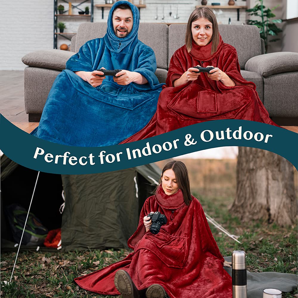 PAVILIA Sherpa Wearable Blanket Poncho Women Men, Oversized Hoodie Sweatshirt Poncho Blanket, Hooded Sweater Wrap Cape Neck Warmer, Fleece Soft Hug Sleep Pod Adult, Cozy Warm Gift Ideas Sister, Red