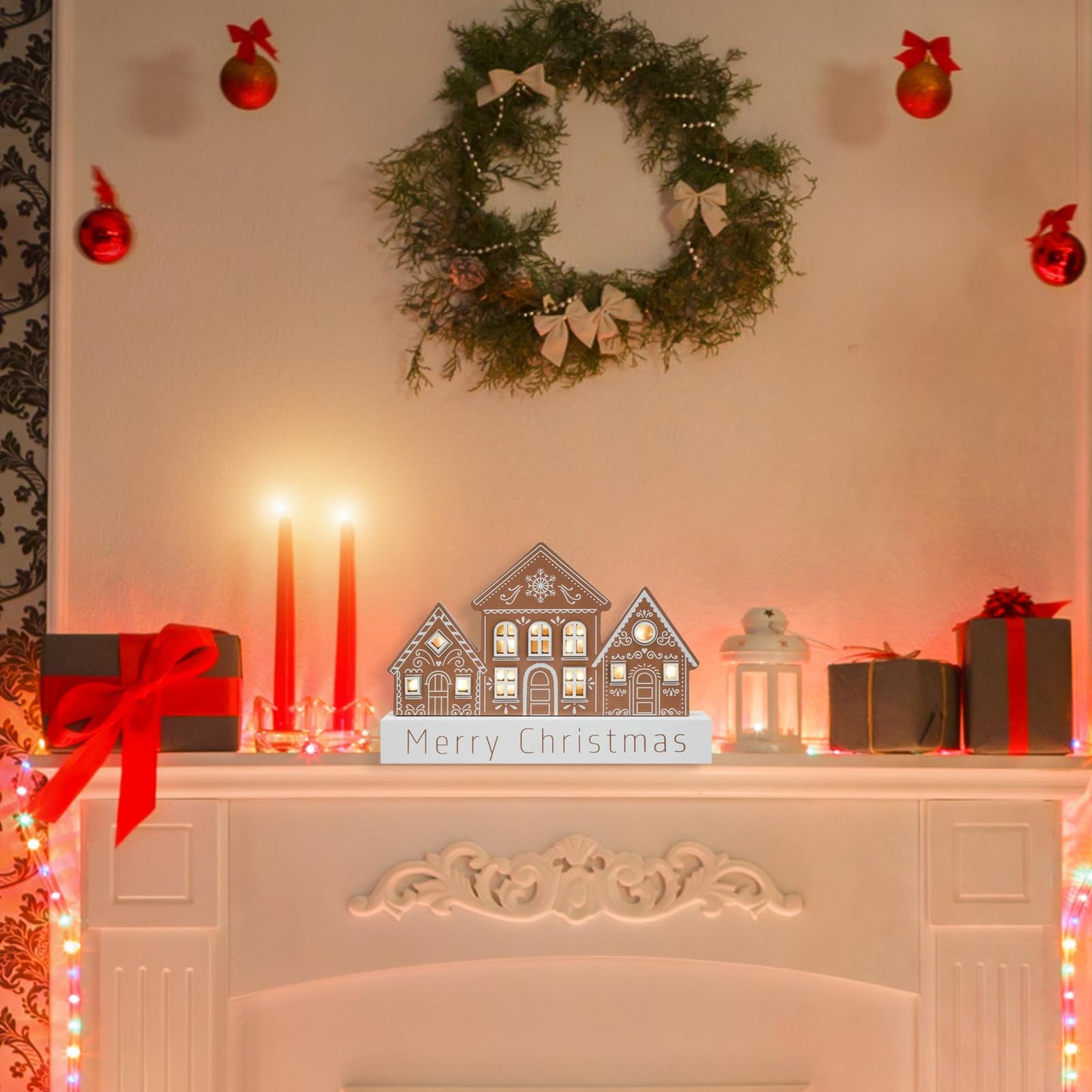 Christmas Decorations for Home LED Lighted Merry Christmas Decor Wooden Ski Lodge Holiday Signs Indoor Rustic Farmhouse Tabletop Block Xmas Party Gift