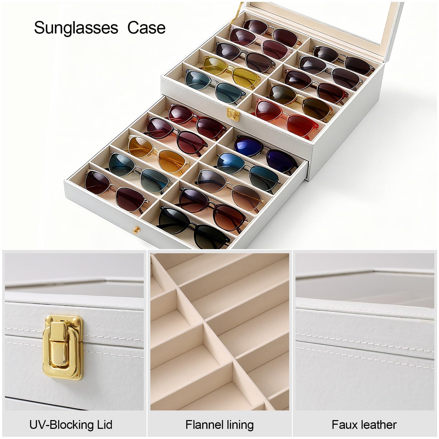Luckybell Gifs 20 Slots PU Leather Sunglasses Organizer Jewelry Box,Multiple Pairs of Sunglasses Case Holder with Clear Lid