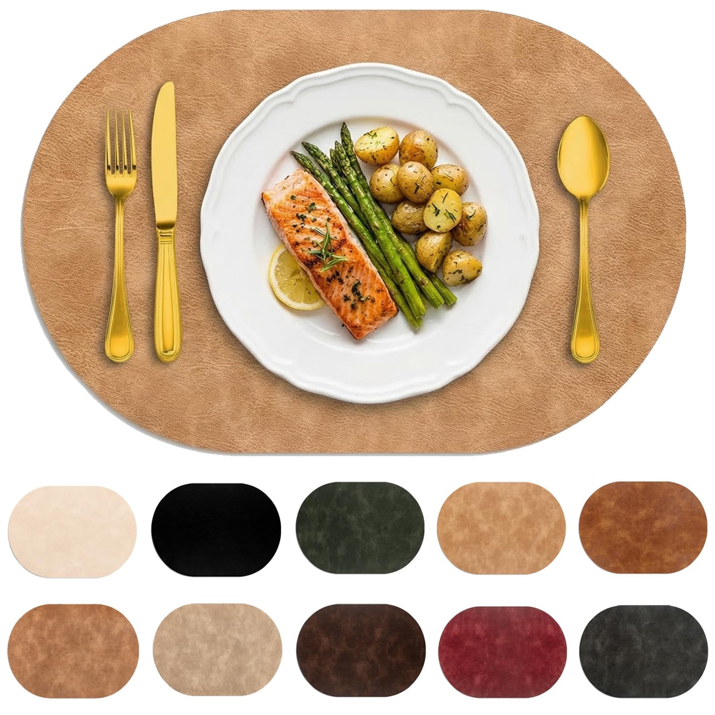 BIPASION Oval Placemats 2mm Ultra Thick Faux Leather Table Mats, Heat Resistant Waterproof Wipeable Dining Mats for Kitchen Table, Set of 6, Soft Apricot