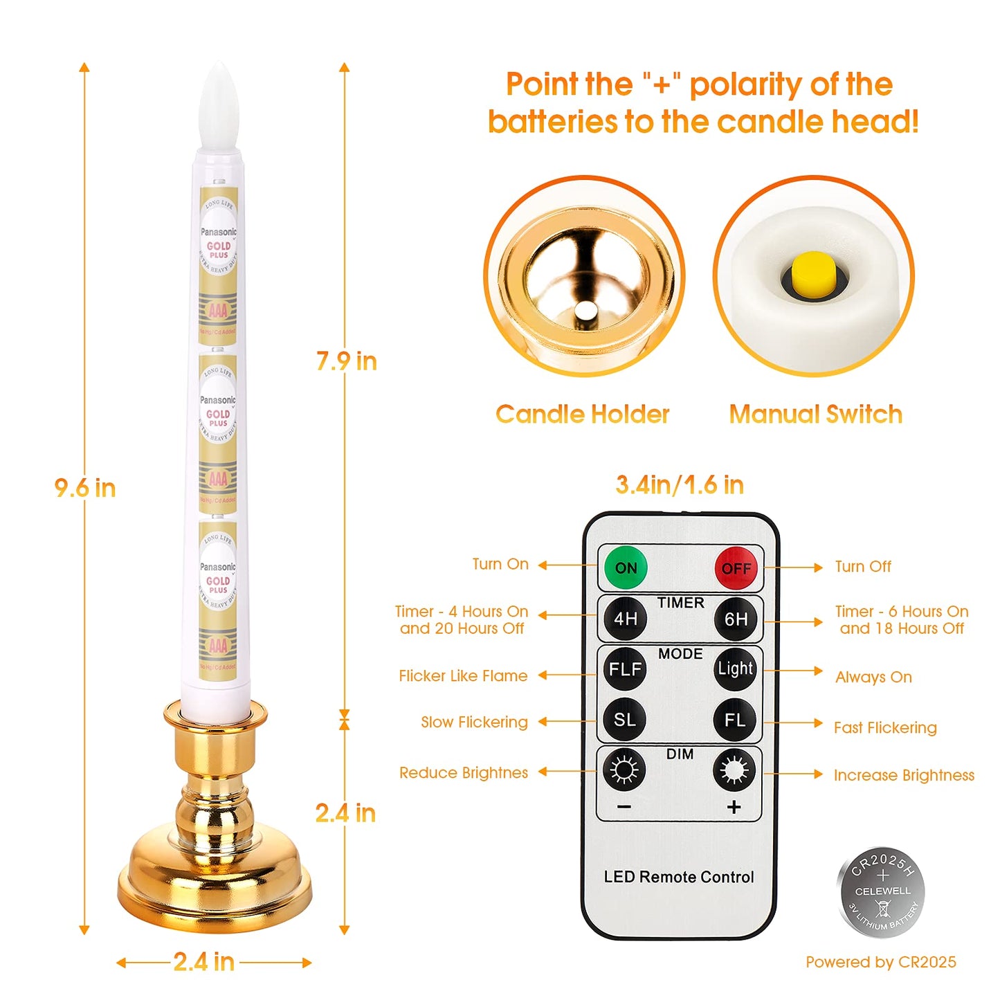 Daord LED Flameless Flickering Taper Candles with Remote & Timer Warm Light Battery Operated Christmas Window Candle for Wedding Party Holiday Home Table Decoration (9 Packs,White+Gold Holder(A))…