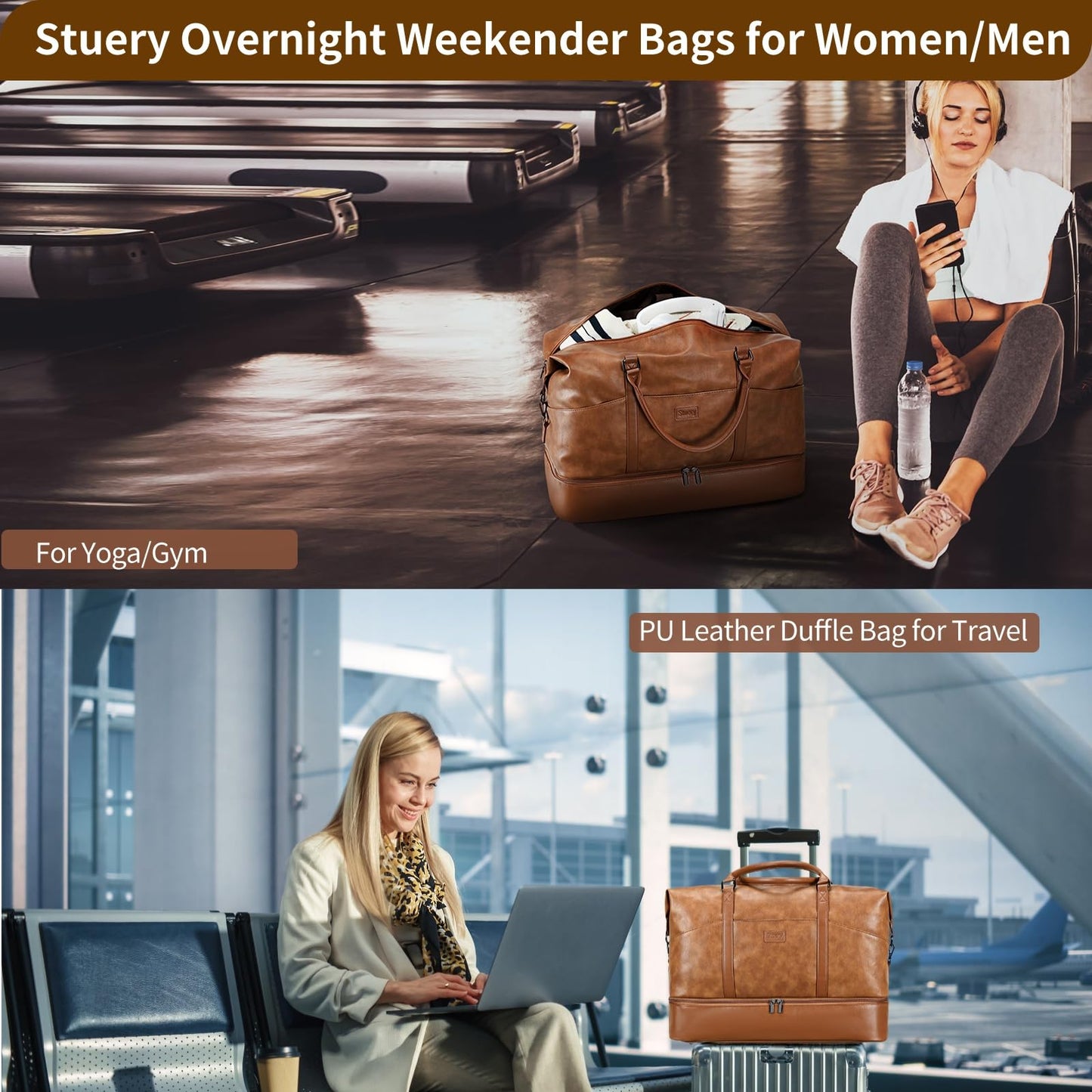 Faux Leather Weekender Bags for Women: Large Overnight Bags Travel Duffel Carry On Weekend Tote with Shoe & Laptop Compartment for Airplane Traveling Gym, Brown