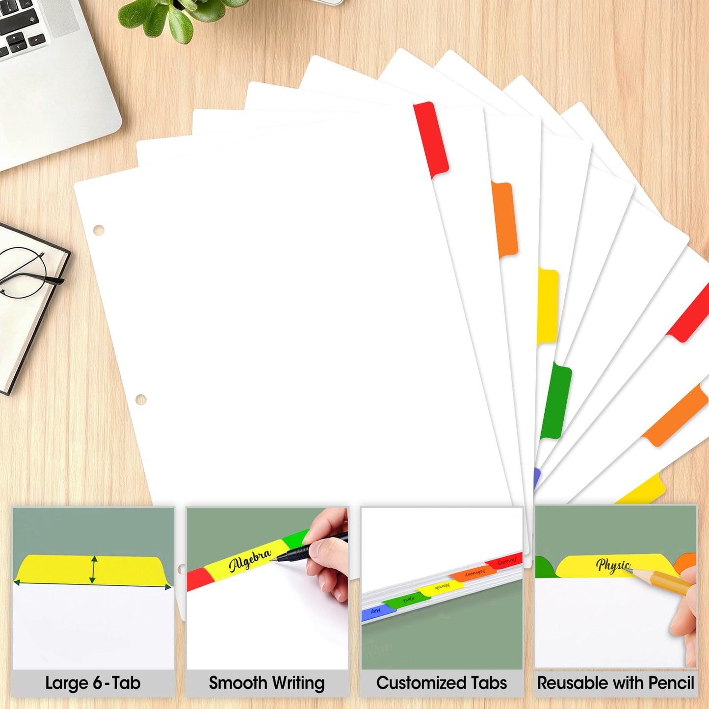 120 Pcs Binder Dividers with Multicolor Tabs, 1/6 Cut Tabs, Dividers for 3 Ring Binder, Blank Write On Binder Dividers in 6 Tab Sets, Letter Size, 120 Dividers, 20 Sets
