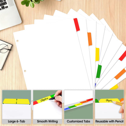 120 Pcs Binder Dividers with Multicolor Tabs, 1/6 Cut Tabs, Dividers for 3 Ring Binder, Blank Write On Binder Dividers in 6 Tab Sets, Letter Size, 120 Dividers, 20 Sets