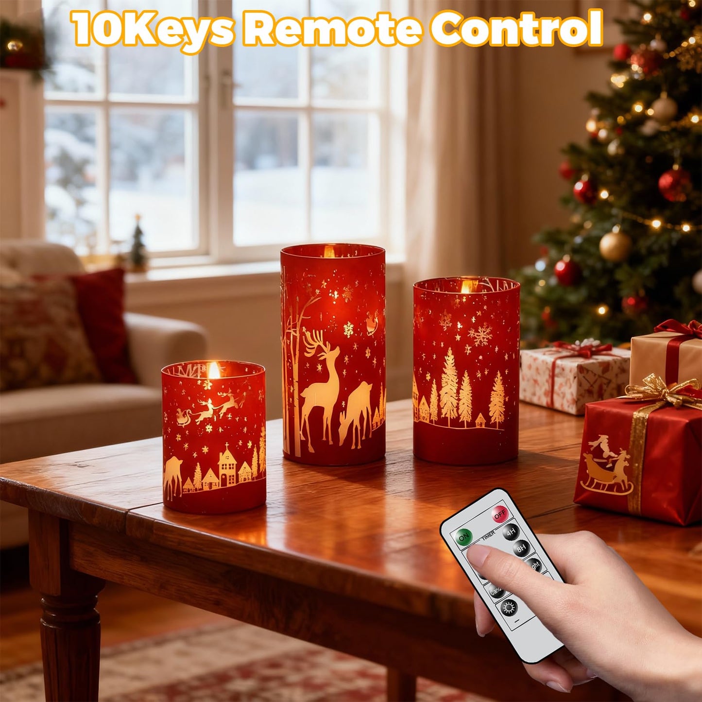 Wondise Red Christmas Reindeer LED Flameless Candles with Remote Timer, Electroplate Glass Battery Operated Real Wax Flickering 3D Wick Pillar Candles for Christmas Holiday Home Decoration
