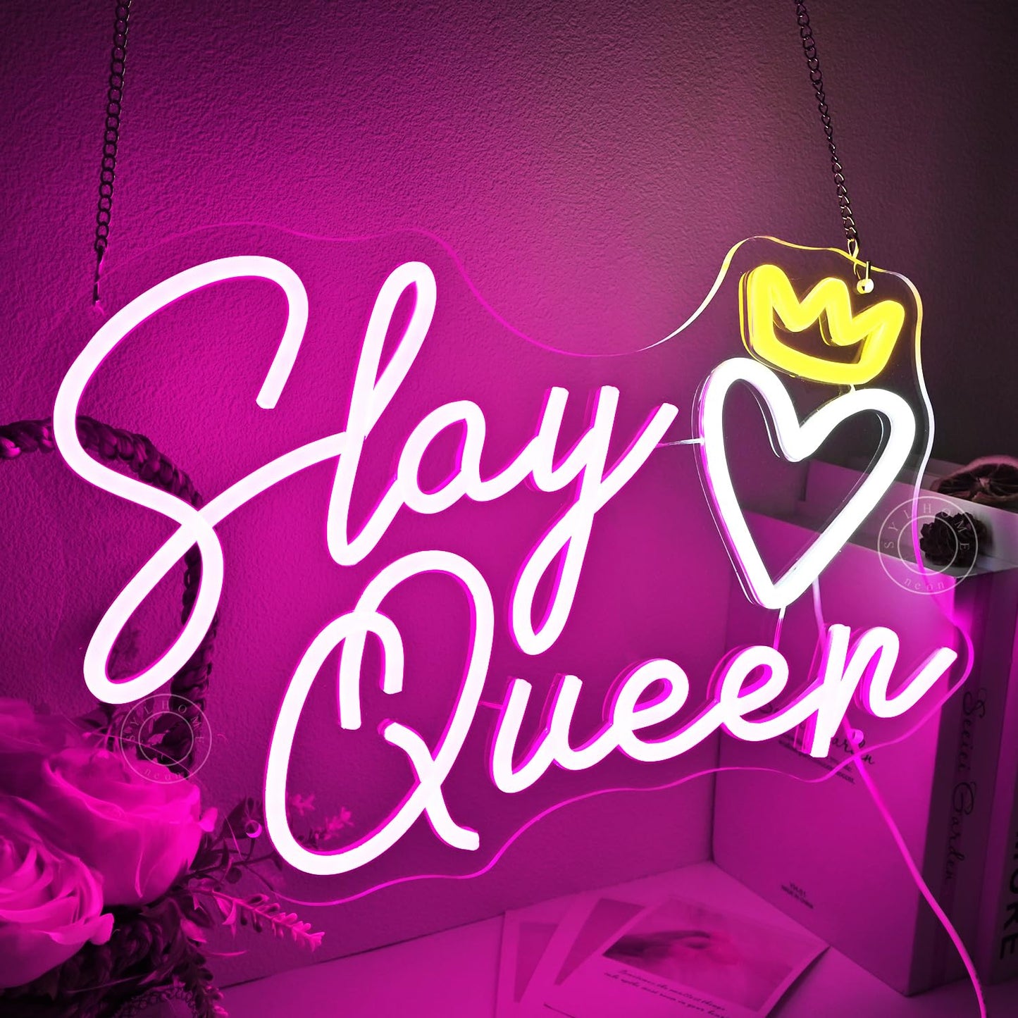 SYLHOME Slay Queen Led Neon Light Sign Heart Crown Bedroom Girls Game Room Cool Wall Sign Decor Teen Kids Birthday Party Decor 15.75" X 10.24" USB Dimmer