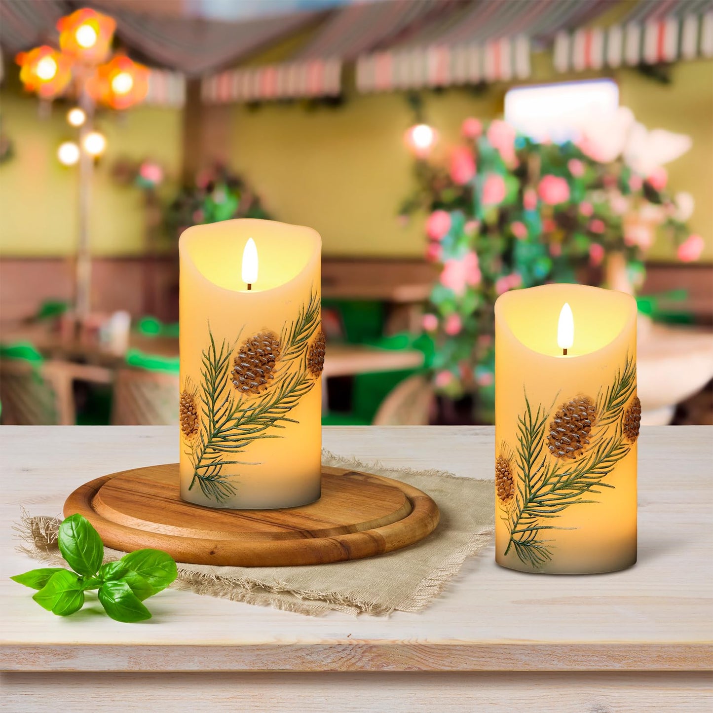DRomance Pinecone Flameless Flickering Candles Battery Operated with 6H Timer 3D Wick LED Pillar Candles Real Wax Hand-Painted Dinner Holiday Christmas Indoor Decoration(2 Pack, 3" D x 5.7" H)
