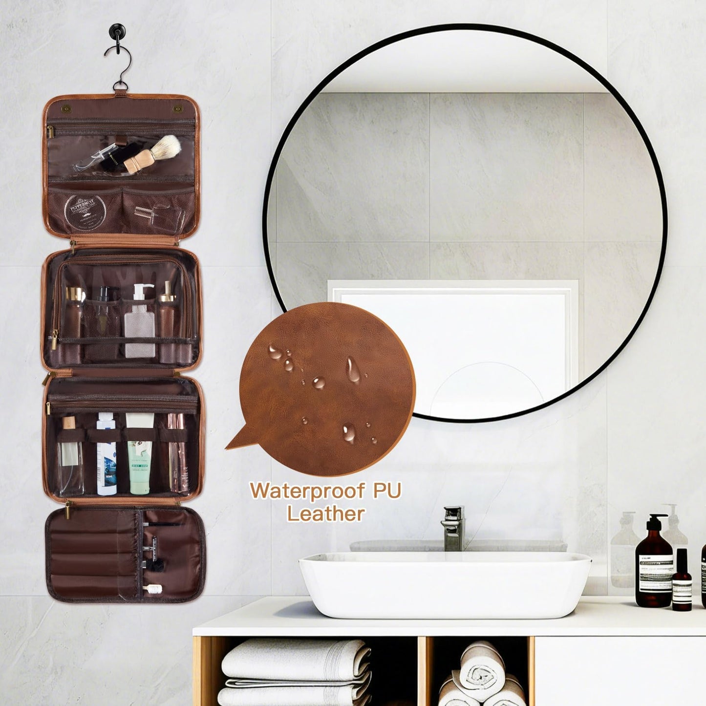 Aganmi Personalized 3-in-1 Hanging Toiletry Bag Fathers Day Birthday Gifts for Men Dad Husband, Custom Initial Large Waterproof PU Leather Dopp Kit Shaving Bag Travel Essential for Him Light Brown J