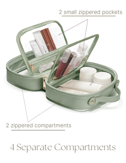 Oaque Clear Cosmetic Bag Double Layer Travel Toiletry Bag White Makeup Bag Case with 4 Compartments, Transparent Travel Bag for Toiletries, Large Toiletry Bag for Women Cosmetic Case (Sage Green)
