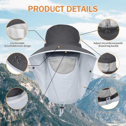 ZEXIAN Men&Women Wide Brim Fishing Ponytail Sun Hat with Removable Face and Neck Flap UPF 50+ UV Protection Safari Cap (US, Alpha, One Size, Dark Grey+Dark Grey)