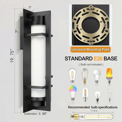 ALVIME 20 inch Large Outdoor Wall Sconce, Exterior Lighting Fixtures, Waterproof Modern Outdoor Wall Light, Black Outside Sconce Lights for House, Entryway, Patio, Garage, E26 Base&Etched Opal Glass