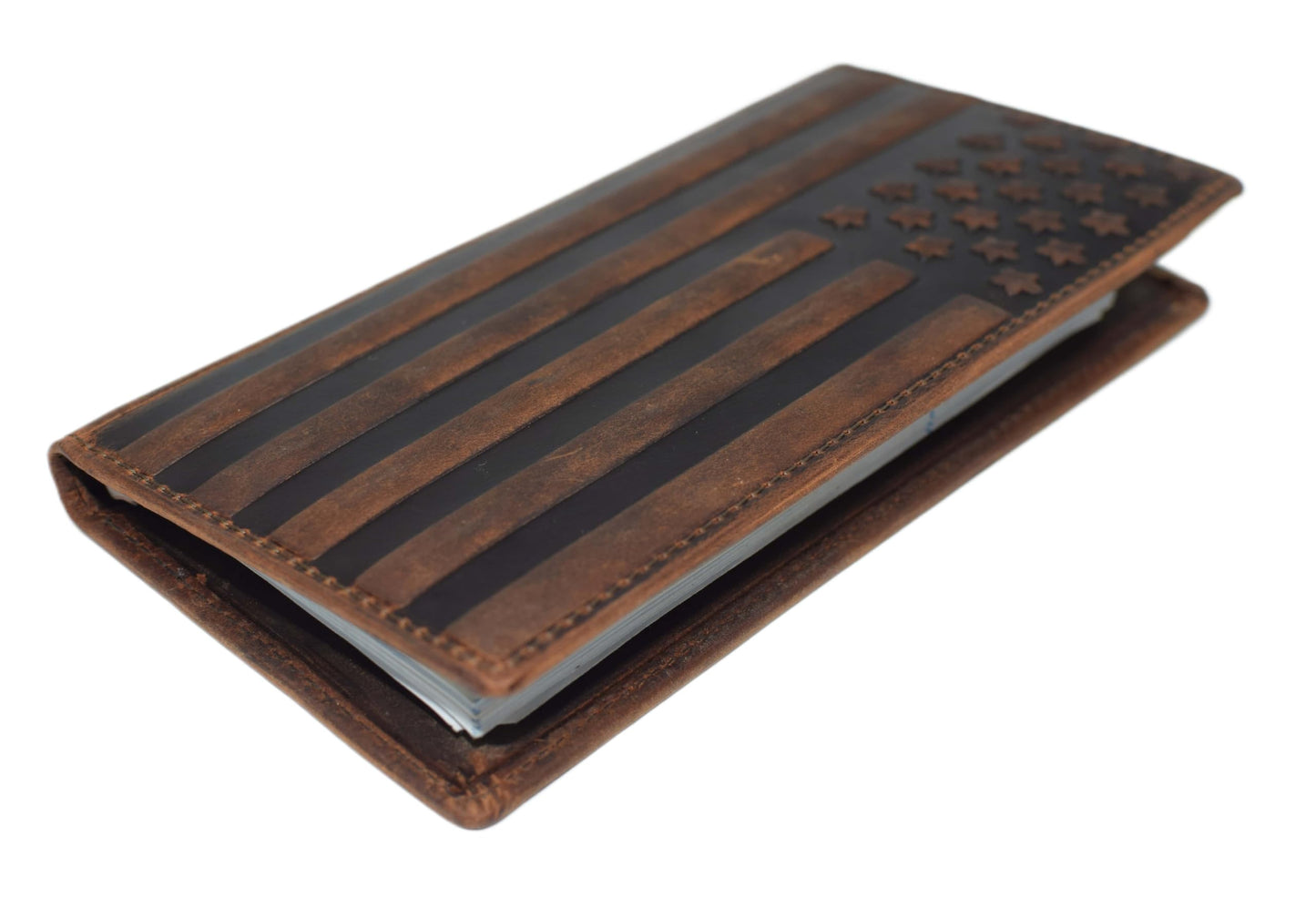 Genuine Leather Checkbook Cover For Men & Women Checkbook Holder Wallet RFID Blocking USA Series (USA Flag Brown)
