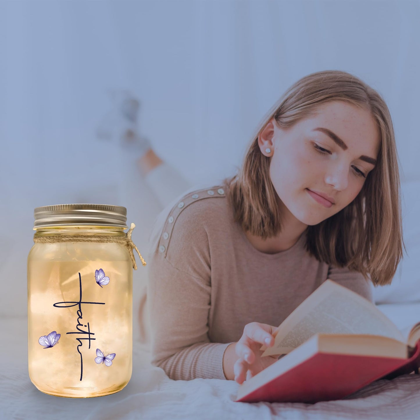 Religious Gifts for Women Christian Mason Jar Lamp - Easter Mothers Day Inspiration for Mom Bible Encouragement Gifts for Women - Faith Jar 14oz Nightlight Bible Scripture for Mom Nana Girlfriend