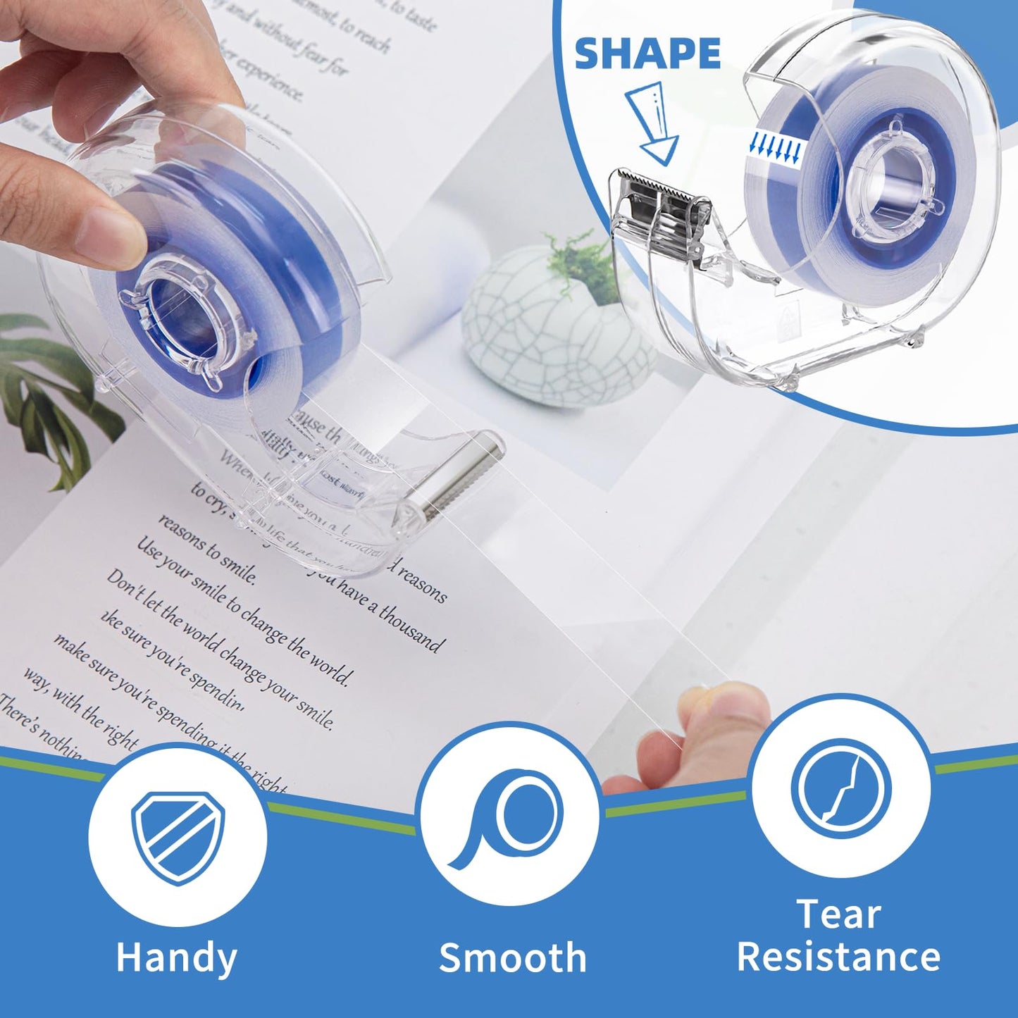 JEFURE 24 Pcs Transparent Tape with Dispenser, 0.7 x 1000 in Blue Core Clear Tape Rolls Bulk, Office Tape Refills for Desk, Craft, and Gift Wrapping