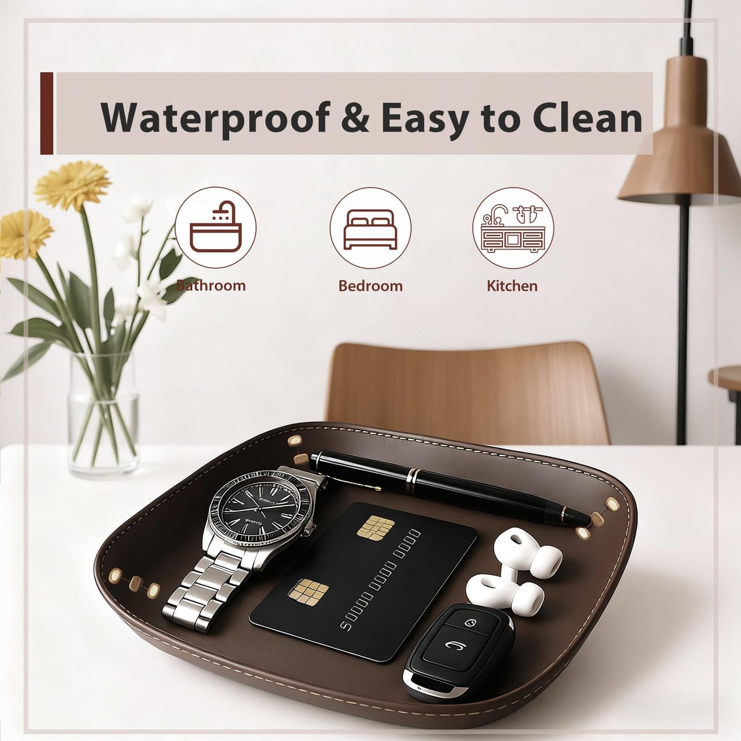 Genuine Leather Valet Tray-Handmade Brown Leather Catchall Organizer for Desk, Nightstand Bedside Desk & Entryway Table Storage Tray for Keys, Phone, Wallet, Coins, Jewelry for Women & Men