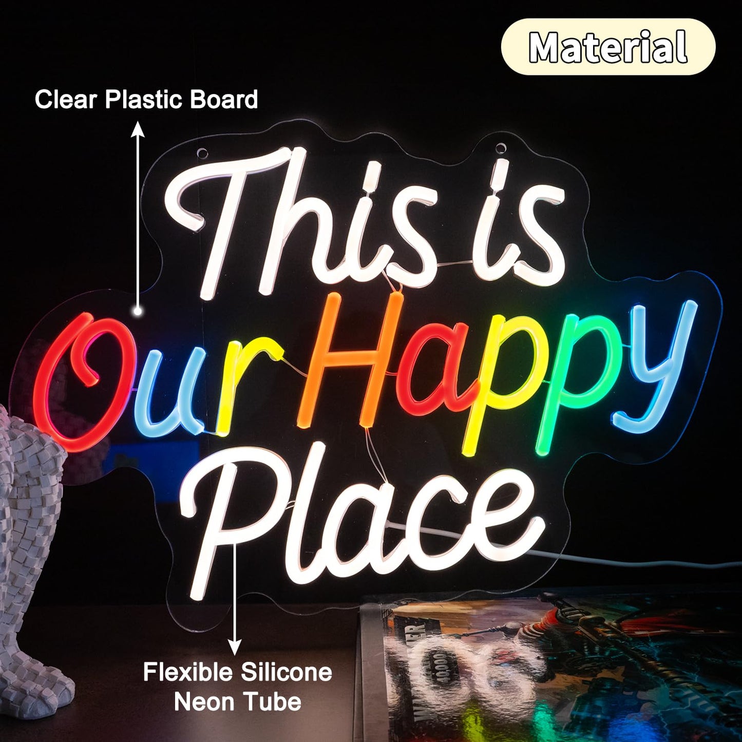 This is Our Happy Place Neon Sign, Letter Neon Signs for Wall Decor Dimmable Light up Sign, Classroom Wedding Kids Room Store Home Neon Decor 16.54 x 11.81 inch